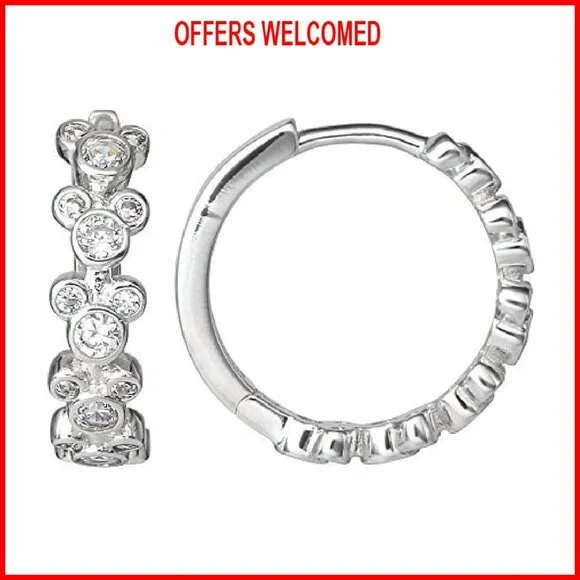 Endless Hoop Earrings with Cubic Zirconia Mickey Pendants, Hinged Closure